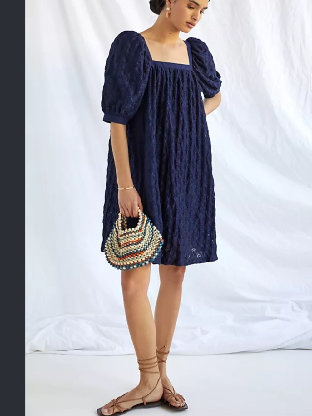 Anthropologie Maeve Navy Puff Sleeve Eyelet Lace Dress Size XS